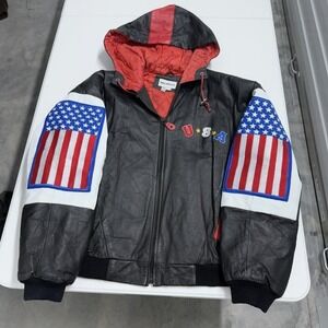 Maurices Vintage Leather Jacket USA Flag Hooded Black Red Mens XL
